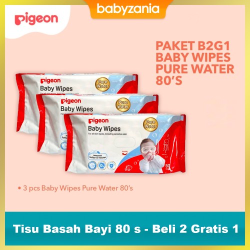 Pigeon Baby Wipes Pure Water Tisu Basah Bayi 80 s - 2 Pack Free 1